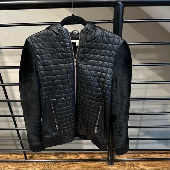 Jonathan Simkhai leather and fur zip up jacket with hood - Picture 2 of 6